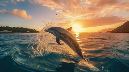 Obraz premium beautiful dolphin leaping jumping from shining sunset sea water surface. Generative Ai