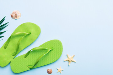 Flat lay composition with flip flops and seashell on colored background. Space for text top view