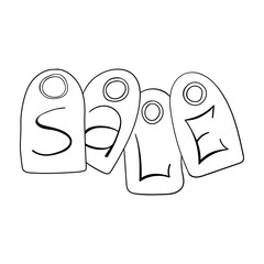 Hand drawn doodle composition of four price tags with letters from the word SALE written inside, special offer, shopping discount label, promotional sale badge. Isolated on white background