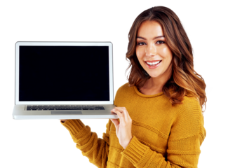 Laptop, screen and woman showing website UI, UX or software isolated in a transparent or png background. Web design, internet and portrait of young person or girl advertising IT technology with smile