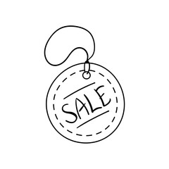 Hand drawn doodle price tag with string and the lettering SALE, special offer, shopping discount label, promotional sale badge. Isolated on white background