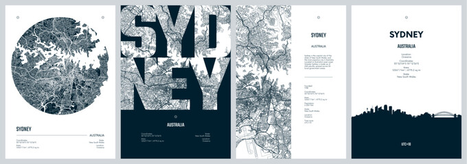 Set of travel posters with Sydney, detailed urban street plan city map, Silhouette city skyline, vector artwork