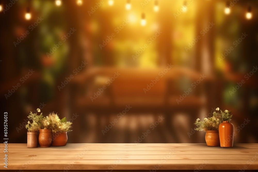 Aufkleber an empty wooden table for displays is in the workplace. generative ai