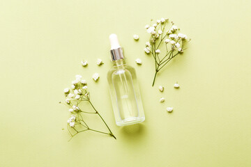 Fancy healthcare bottles for serum, micellar, tonic, toner, lotion, water and cream with gypsophila...