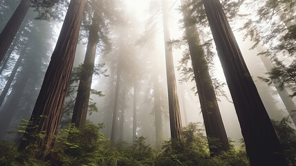 several redwood trees with thick fog surrounding them. Generative Ai