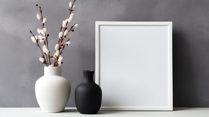 Mockup of a frame with dry flowers in modern ceramic vases against a black and white background. poster template, a photo frame. Scandinavian-style decor. Copy space Generative AI