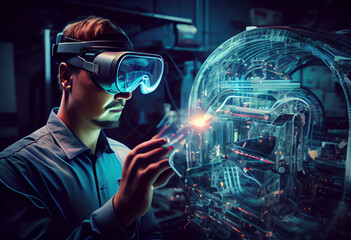 Industrial technology engineer studying prototypes. Generative AI.