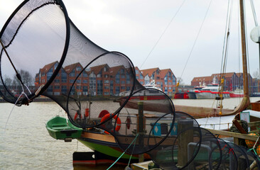 Close-up of a fishing net on a boat in a harbour in Germany. It´ s a fyke net, a bag-shaped net...