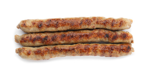 Tasty fresh grilled sausages isolated on white, top view