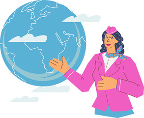 Stewardess or flight attendant female character pointing at globe. Stewardess character for travel and airlines materials design.