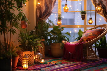 House with cozy boho ethnic interior in living room at night, pillows, cushions, green plants in a flower pot, couch or sofa and decoration at home, lighting
