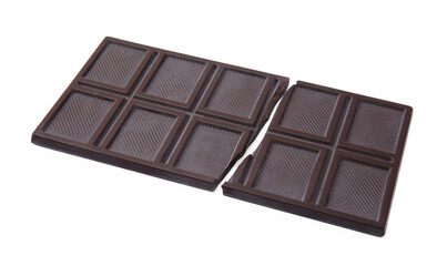 Broken dark chocolate bar on white background