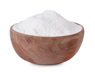 Wooden bowl with bean flour isolated on white