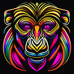 Colorful monkey head on black background. Vector illustration for t-shirt.