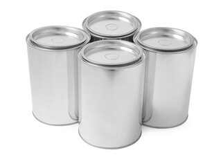 Many cans of paints on white background