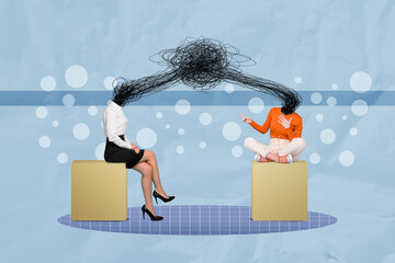 Composite collage image of two girls sit podium platform point finger laugh abuse messy painted...