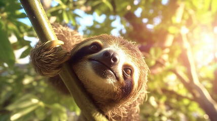 Happy sloth hanging on the tree. Generative Ai - obrazy, fototapety, plakaty