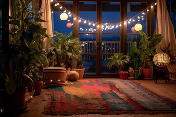House with cozy boho ethnic interior in living room at night, pillows, cushions, green plants in a flower pot, couch or sofa and decoration at home, lighting