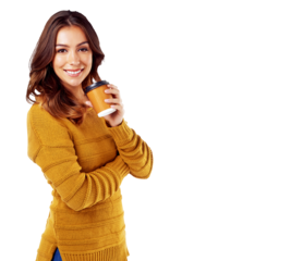 Smile, portrait and woman in studio with coffee and isolated, png with transparent background. Cup, drinking tea to relax and happy female model resting on a work break for health and wellness