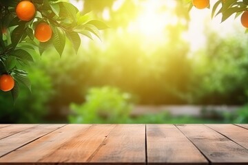 Natural Wooden Tabletop with Summer orange Garden Bokeh Background and Copy Space for Display