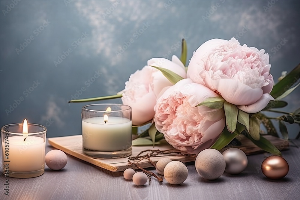 Poster postcard mockup featuring candles and peonies. greeting card with envelope generative ai