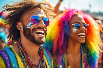  Close-Up View - Happy gay couple smiling with rainbow color clothes at Pride in Sao Paulo. Dancing to a live samba band, surrounded by a sea of rainbow flags and colorful costumes Generated with AI