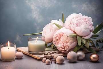 Postcard mockup featuring candles and peonies. greeting card with envelope Generative AI