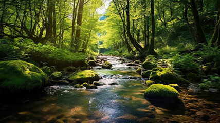 Obraz premium stream flowing through a lush green forest filled with trees. Generative Ai