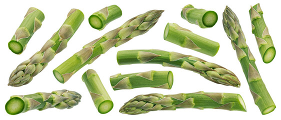 Chopped asparagus isolated white background, full depth of field