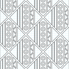 Seamless Geometric Pattern with Triangles, Drawn on Checkered Notebook. Endless Modern Mosaic Texture.  Fabric Textile, Wrapping Paper, Wallpaper. Vector Contour Illustration. Coloring Book Page