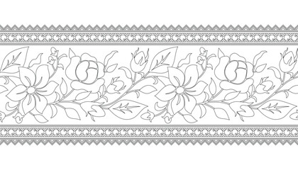 Seamless Border with Rose and Mallow Composition Inspired by Ukrainian Traditional Embroidery. Ethnic Floral Motif, Handmade Craft Art. Ethnic Design. Coloring Book Page. Vector Contour Illustration