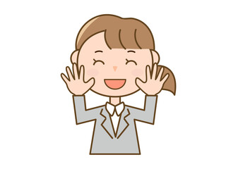 笑顔で両手を上げて満面の笑みで挨拶をするスーツ姿の女性_女性会社員