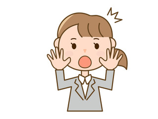 両手を上げてびっくりするスーツ姿の女性_驚く女性会社員