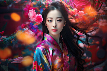 High Korean Fashion model woman in colorful bright lights posing in studio, portrait of beautiful sexy female with trendy make-up. Art design, colorful make up. Generative AI