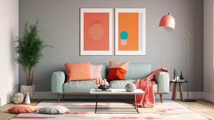 Living room mockup featuring an empty poster on the wall. Generative AI