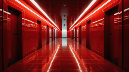 Red abstract futuristic tunnel with neon lines. Generative AI