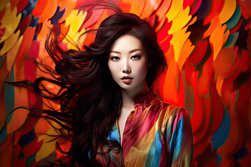Obraz na płótnie Canvas High Korean Fashion model woman in colorful bright lights posing in studio, portrait of beautiful sexy female with trendy make-up. Art design, colorful make up. Generative AI