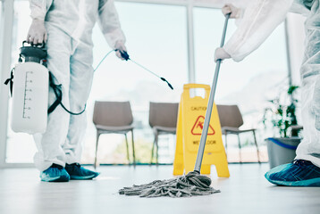 Covid disinfection, cleaning hospital floor with mop and healthcare compliance for safety and...