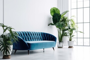 Interior of a white living room with a blue velvet sofa and ornamental plant and white wall space. Generative AI