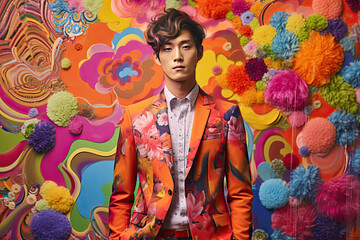 High Korean Fashion model man in colorful bright lights posing in studio, portrait of beautiful sexy male with trendy make-up. Art design, colorful make up. Generative AI