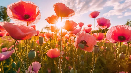 Fototapeta premium a field of pink flowers with the sun in the background. Generative Ai