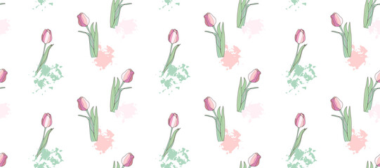 Delicate floral seamless pattern with pink tulips on a white background. Pattern for textiles, wrapping paper, object designs, dishes, wallpapers