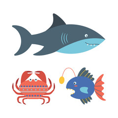 Set of marine elements fish, shark, crab in flat cartoon style.