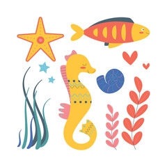 Set of marine elements of fish, shells, seaweed in flat cartoon style.
