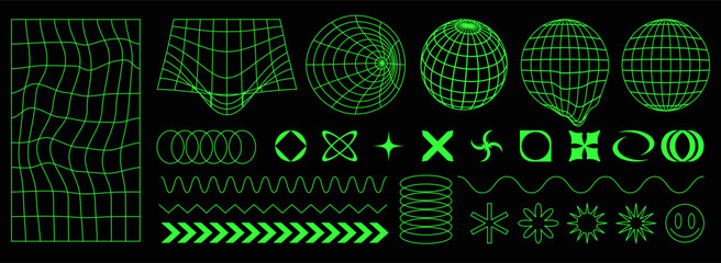 Geometry wireframe shapes and grids in neon green color. Surreal geometric shapes, cyberpunk elements in trendy psychedelic rave style. 00s Y2k retro futuristic aesthetic.