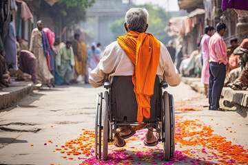 Obraz premium Man alone in a wheelchair in a contemplative mood. Generative AI