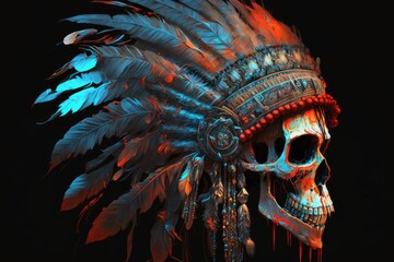 Feathered Native Amaerican Skull Background - obrazy, fototapety, plakaty
