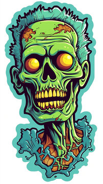 Sticker drawing of Cartoon Halloween zombie skull. Generative ai