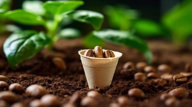 Plant sprout in used composted coffee capsule. Espresso coffee Capsules from wood in the box. BIO coffee, compostable capsules. recycling and zero waste concept. AI Generative