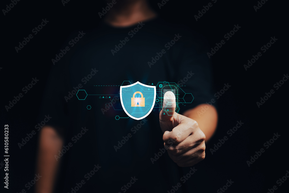 Poster Data privacy. A businessman uses fingerprint identification to access personal financial data, importance of biometric security and innovative technology in combating digital cybercrime